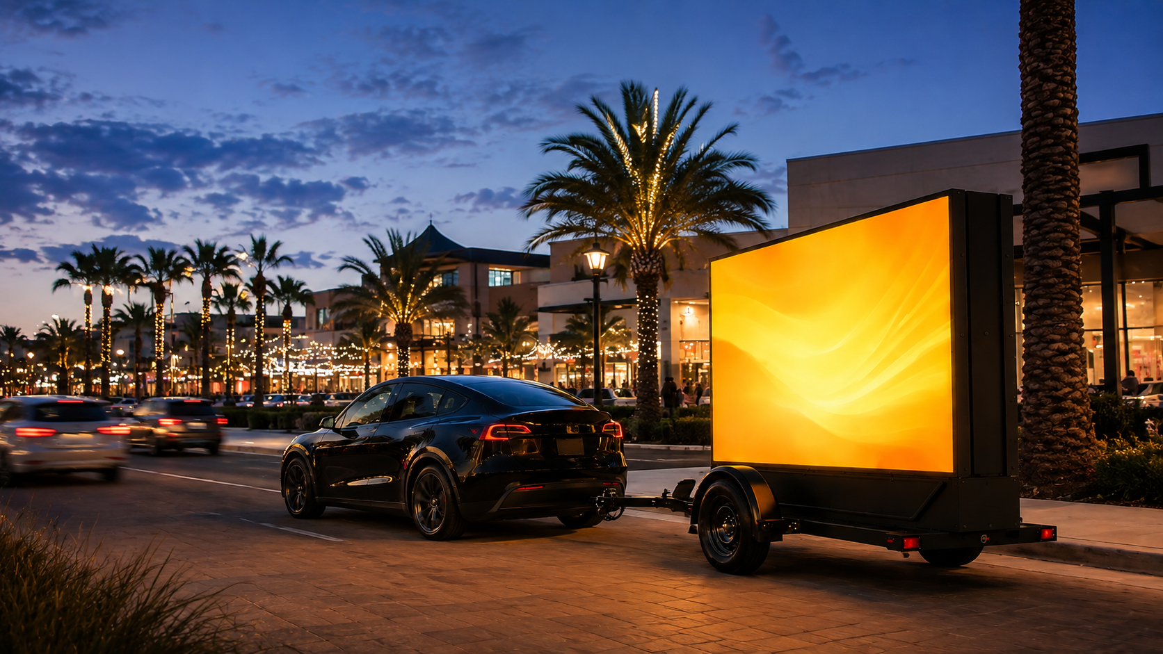 Mobile LED billboard trailer parked near a busy Tampa Bay shopping district